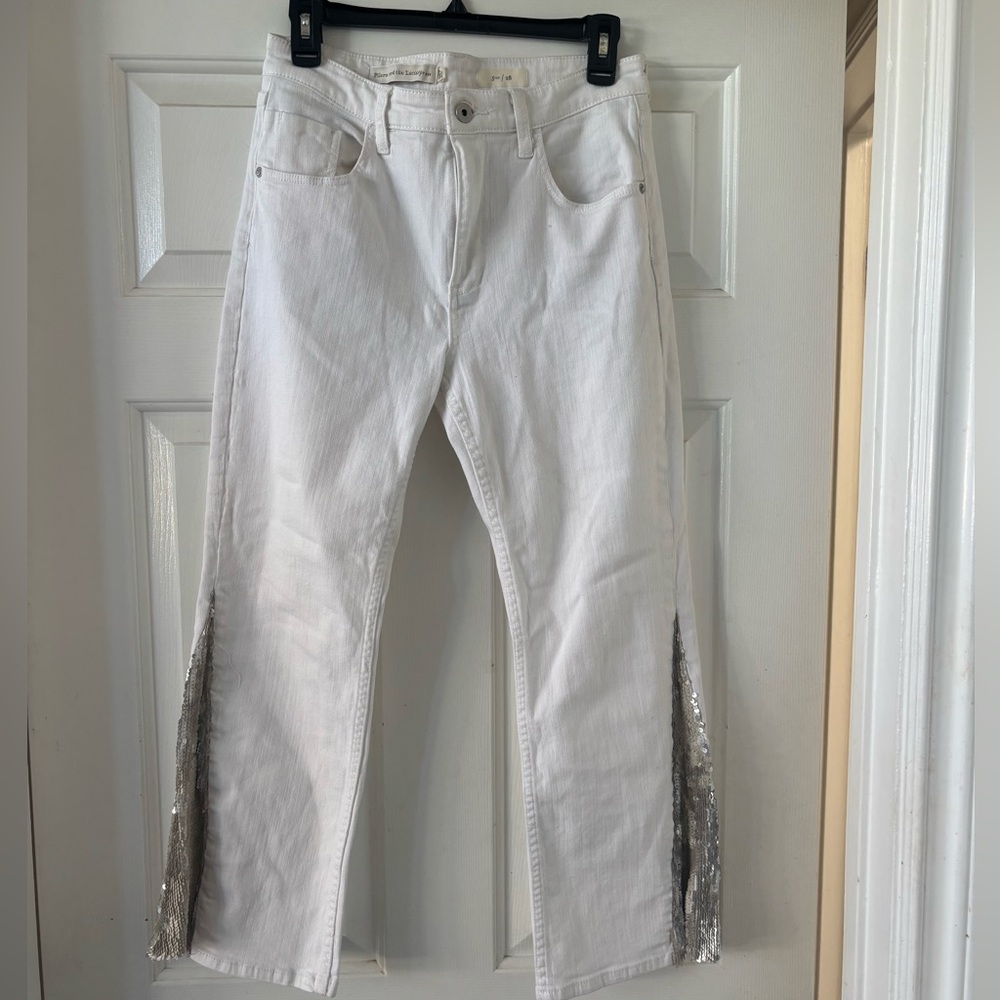 White Cropped Sequin Embellished Jeans